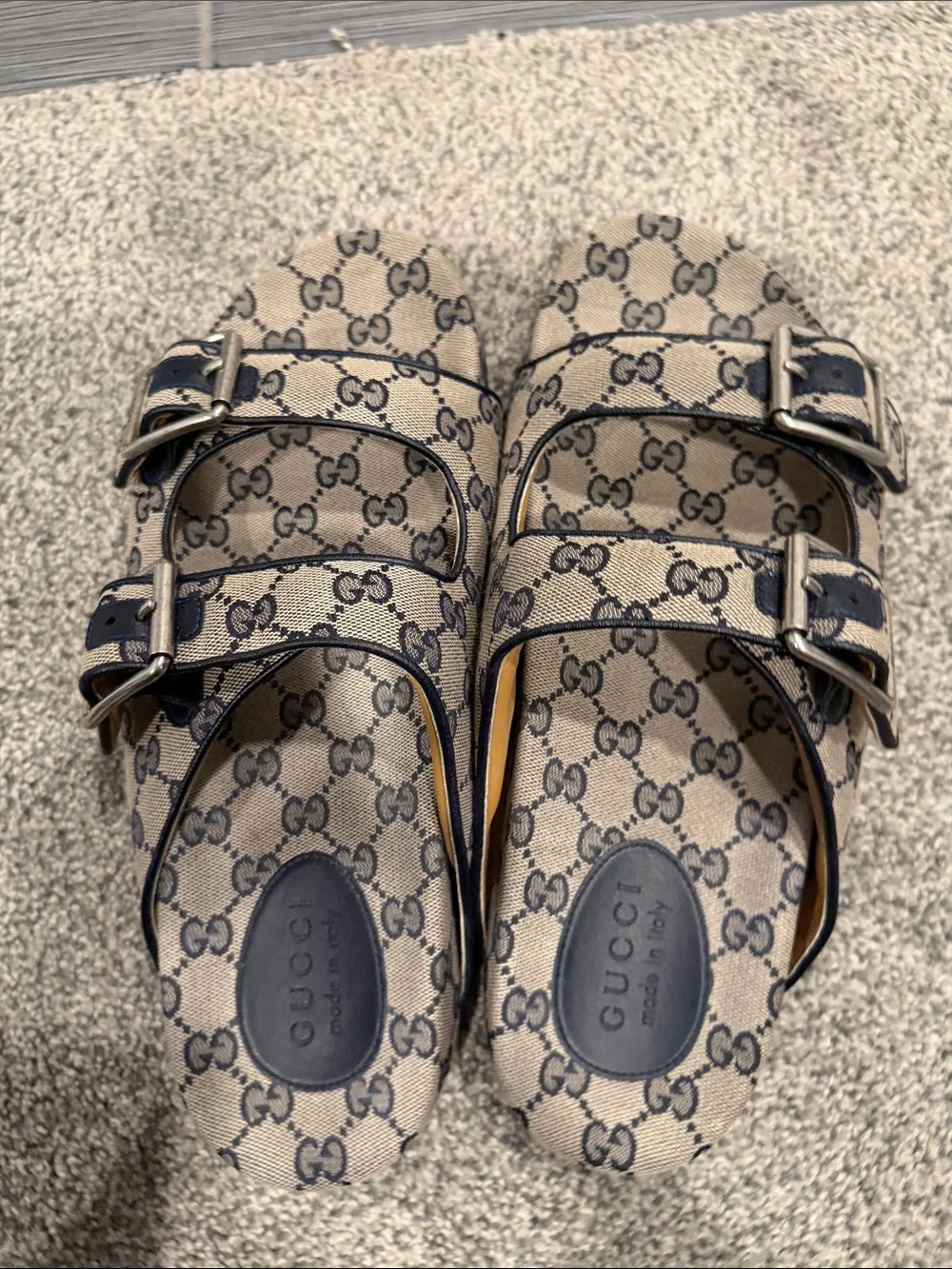 Gucci  Beige GG Canvas Double-Buckle Sandals with Navy Trim. Men’s size 11